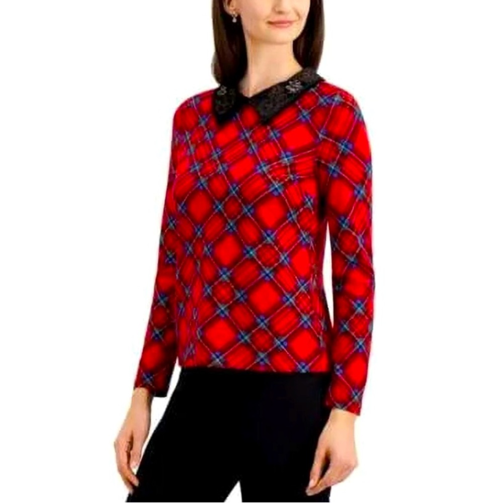 Charter Club MSRP $70 Velvet-Collar Plaid Top Red Size Medium